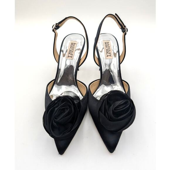 Badgley Mischka Carlise Satin Rosette Slingback Pumps Women's Black Size US6 - Picture 9 of 13